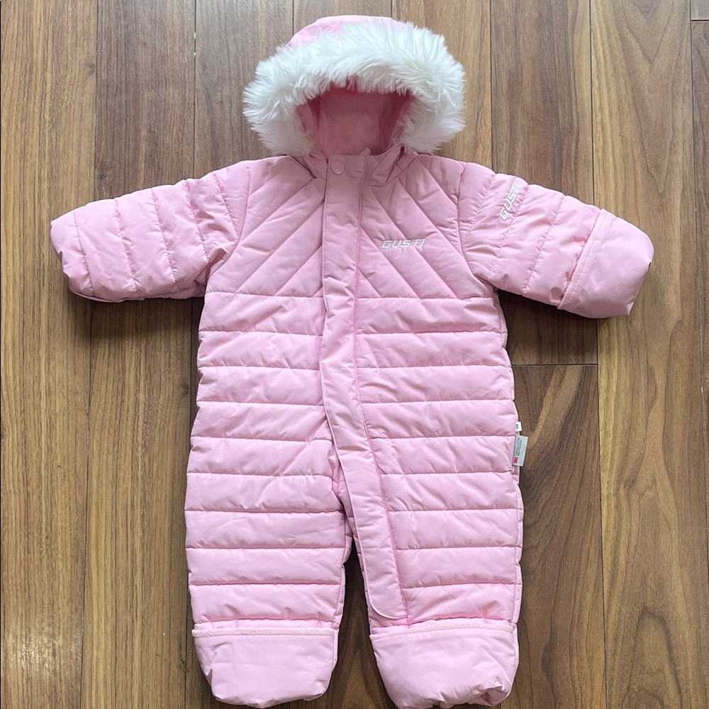 Gusti Pink Baby Kids Jacket with White Trim Hoodie Fur Coat Winter  6 months